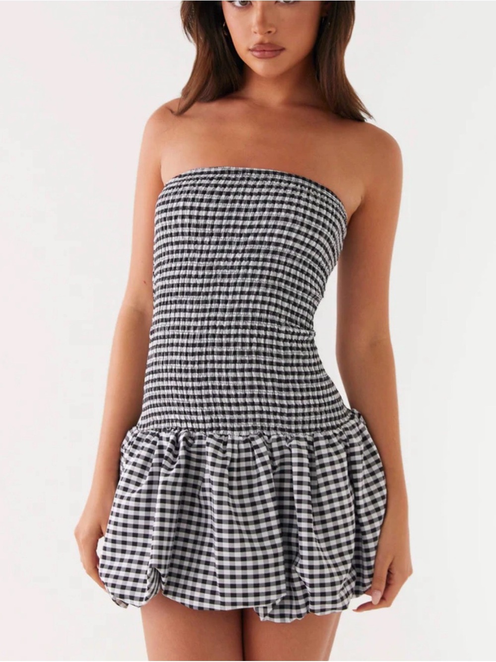 NWT Peppermayo Martell Mini Dress Black Gingham Bubble Hem Strapless XS